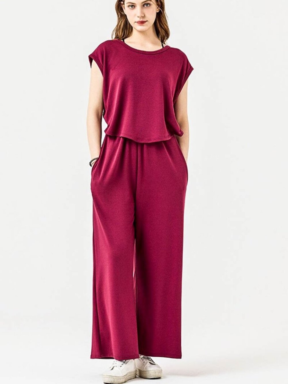 B110 French Terry Jumpsuit Wide Leg Wine Red NEW